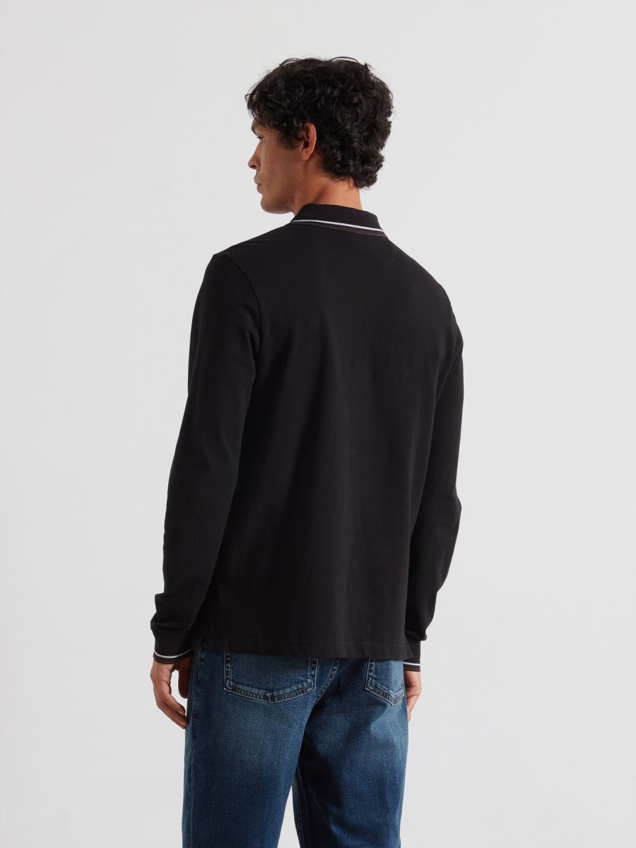 Elton Tipped Long Sleeve Polo Shirt In Black - RUTHERFORD & Co