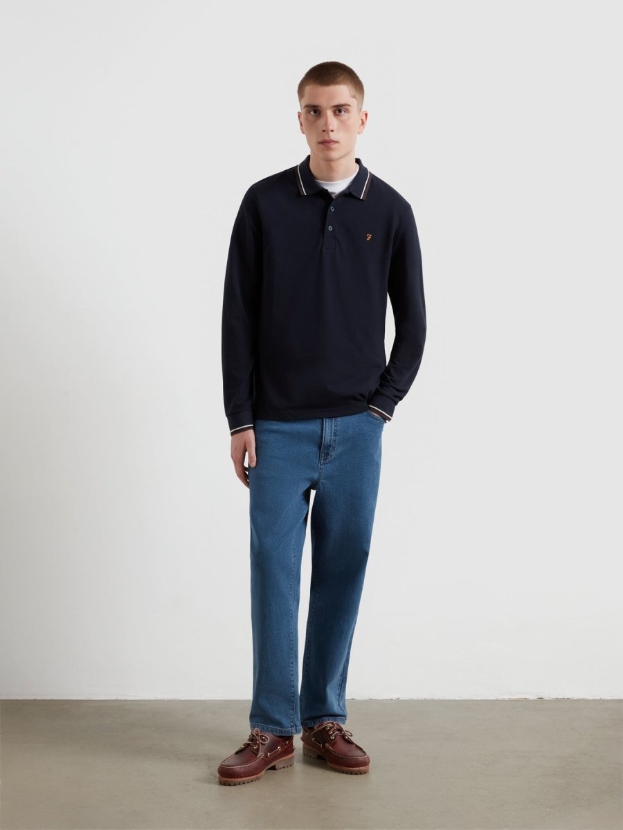 Elton Tipped Long Sleeve Polo Shirt In True Navy - RUTHERFORD & Co