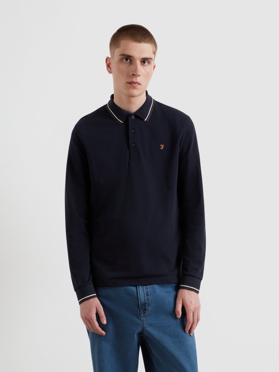 Elton Tipped Long Sleeve Polo Shirt In True Navy - RUTHERFORD & Co