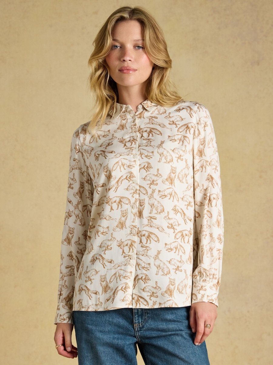 Elvina Cream Equestrian Print Satin Shirt - RUTHERFORD & Co