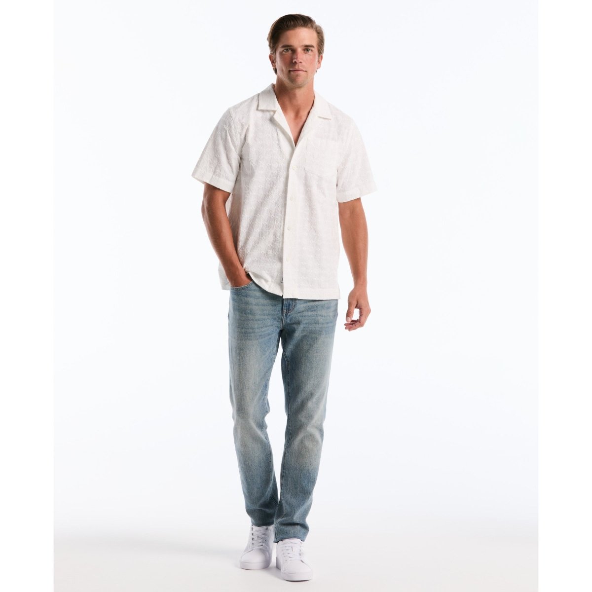 Embroidered Penguin Short Sleeve Shirt In Bright White - RUTHERFORD & Co