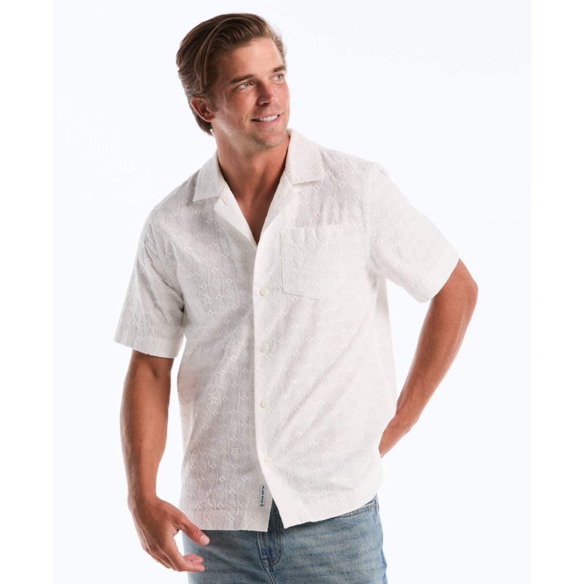 Embroidered Penguin Short Sleeve Shirt In Bright White - RUTHERFORD & Co