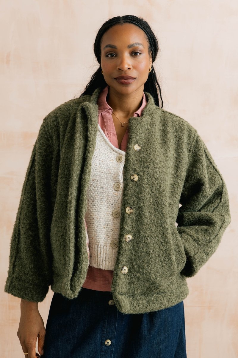 Emin Textured Bouclé Bomber Style Jacket Dark Olive - RUTHERFORD & Co
