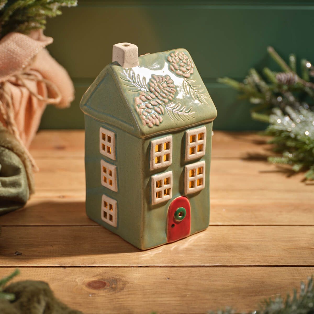 Evergreen Christmas Stoneware Candle Holder Tall House Ornament - RUTHERFORD & Co