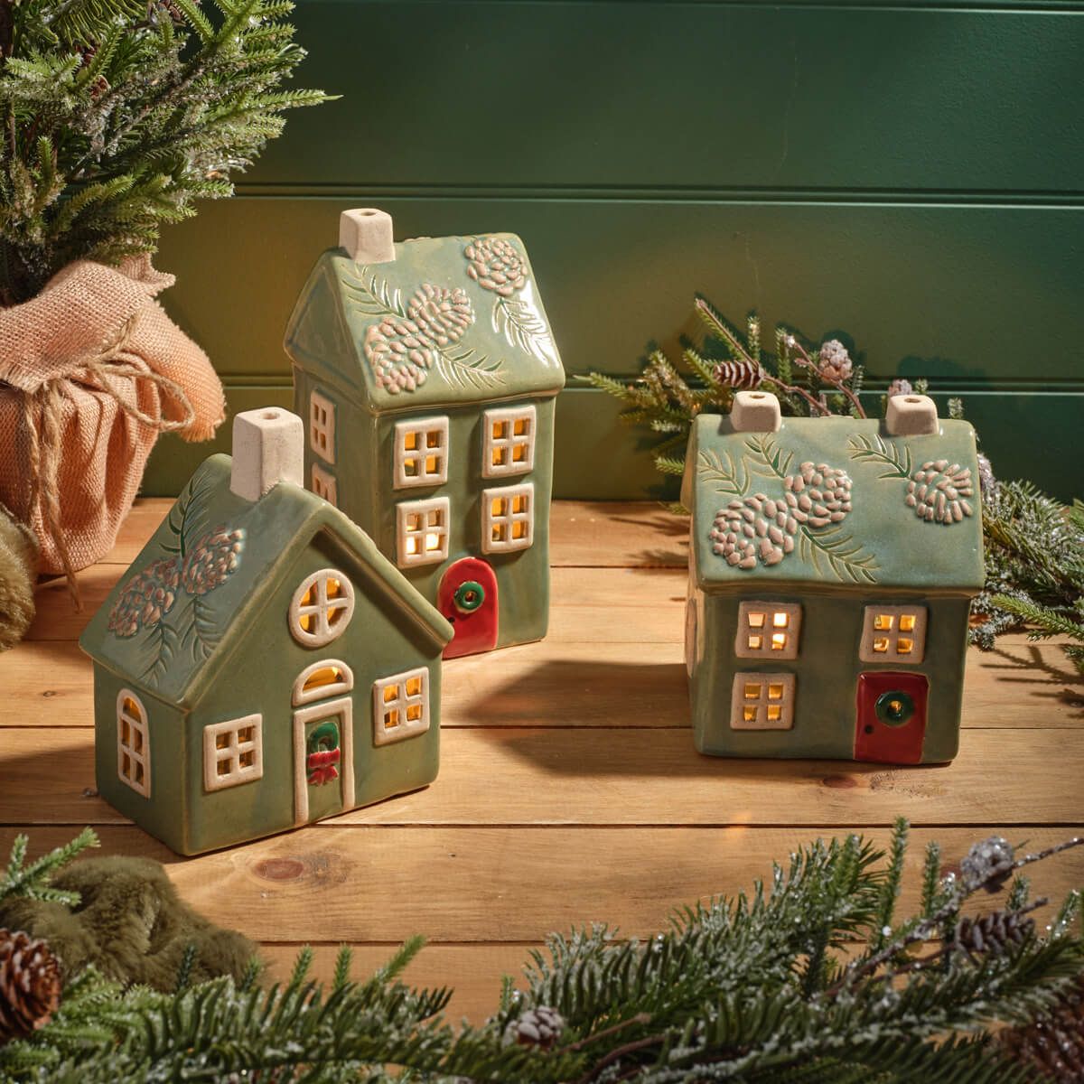 Evergreen Christmas Stoneware Candle Holder Tall House Ornament - RUTHERFORD & Co
