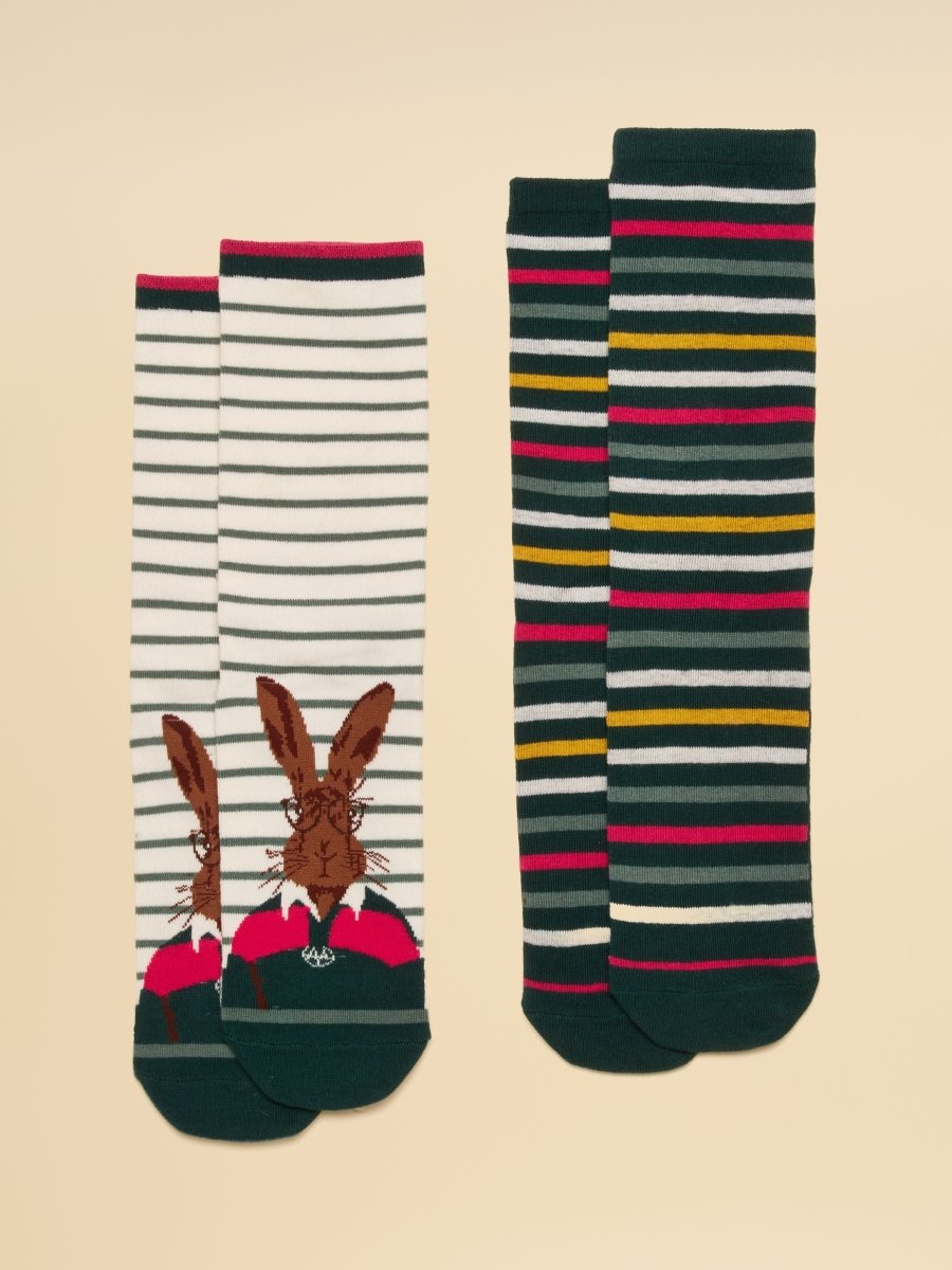 Everyday Cotton Blend Socks 2 Pack - Pink & Green Hare - RUTHERFORD & Co