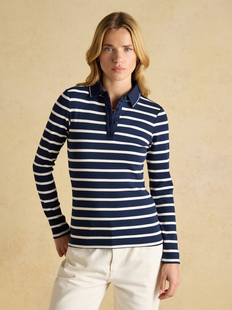 Fairfield Navy & Cream Striped Long Sleeve Ribbed Polo Shirt - RUTHERFORD & Co