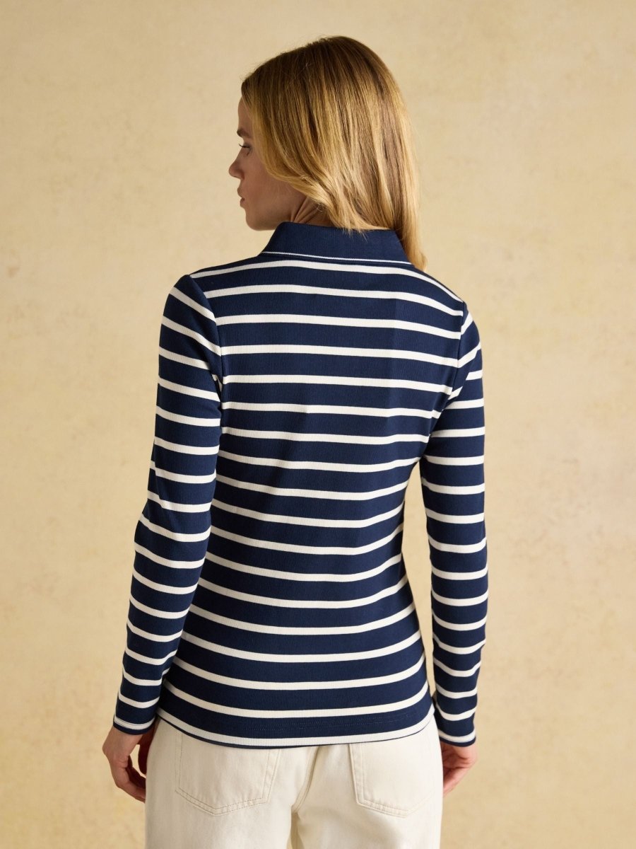 Fairfield Navy & Cream Striped Long Sleeve Ribbed Polo Shirt - RUTHERFORD & Co