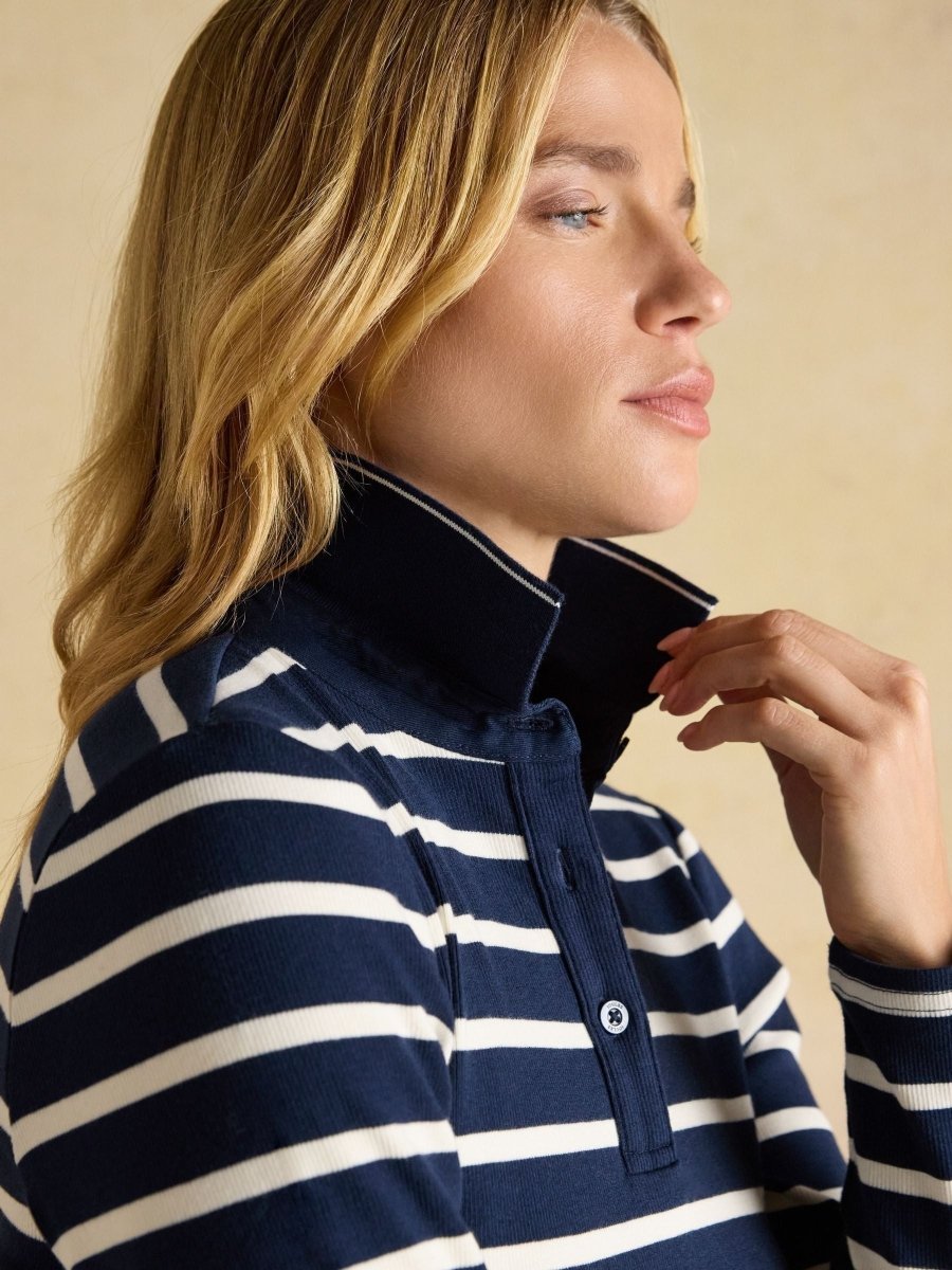 Fairfield Navy & Cream Striped Long Sleeve Ribbed Polo Shirt - RUTHERFORD & Co