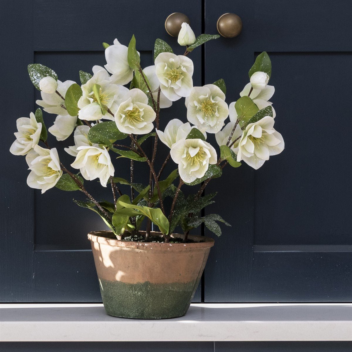 Faux Frosted Hellebore in Ceramic Pot White - RUTHERFORD & Co