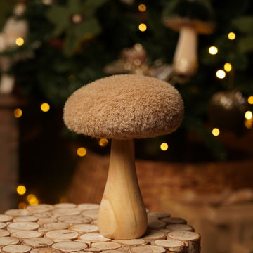 Faux Fur Mushroom on Pine Base in Pale Natural Colour - 13cm - RUTHERFORD & Co