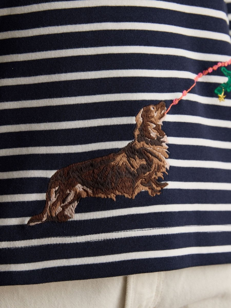 Festive Harbour Dog Navy/Cream Boat Neck Breton Top - RUTHERFORD & Co