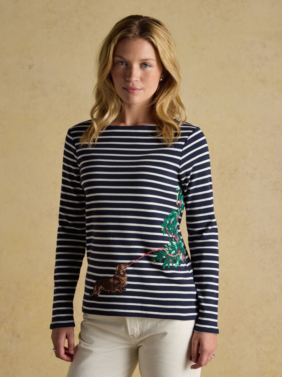 Festive Harbour Dog Navy/Cream Boat Neck Breton Top - RUTHERFORD & Co