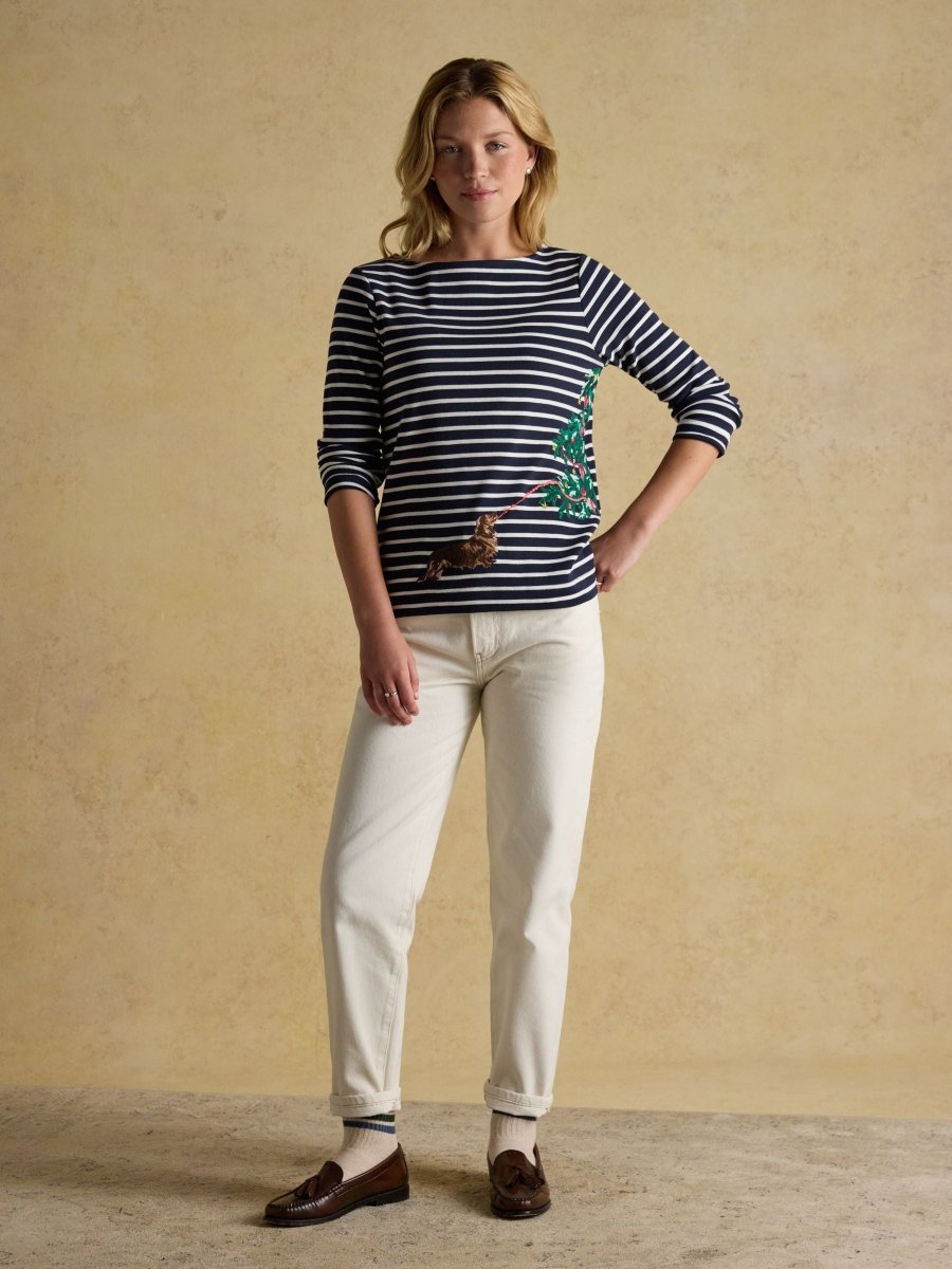 Festive Harbour Dog Navy/Cream Boat Neck Breton Top - RUTHERFORD & Co