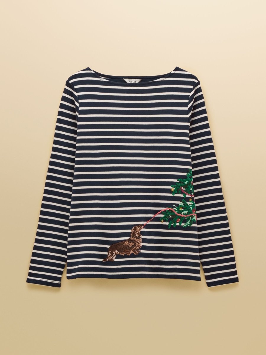 Festive Harbour Dog Navy/Cream Boat Neck Breton Top - RUTHERFORD & Co