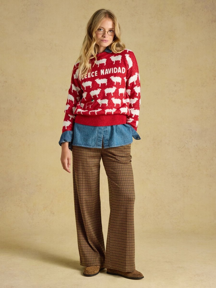 Fleece Navidad Knit Sheep Icon Crew Neck Knitted Jumper - Wine - RUTHERFORD & Co