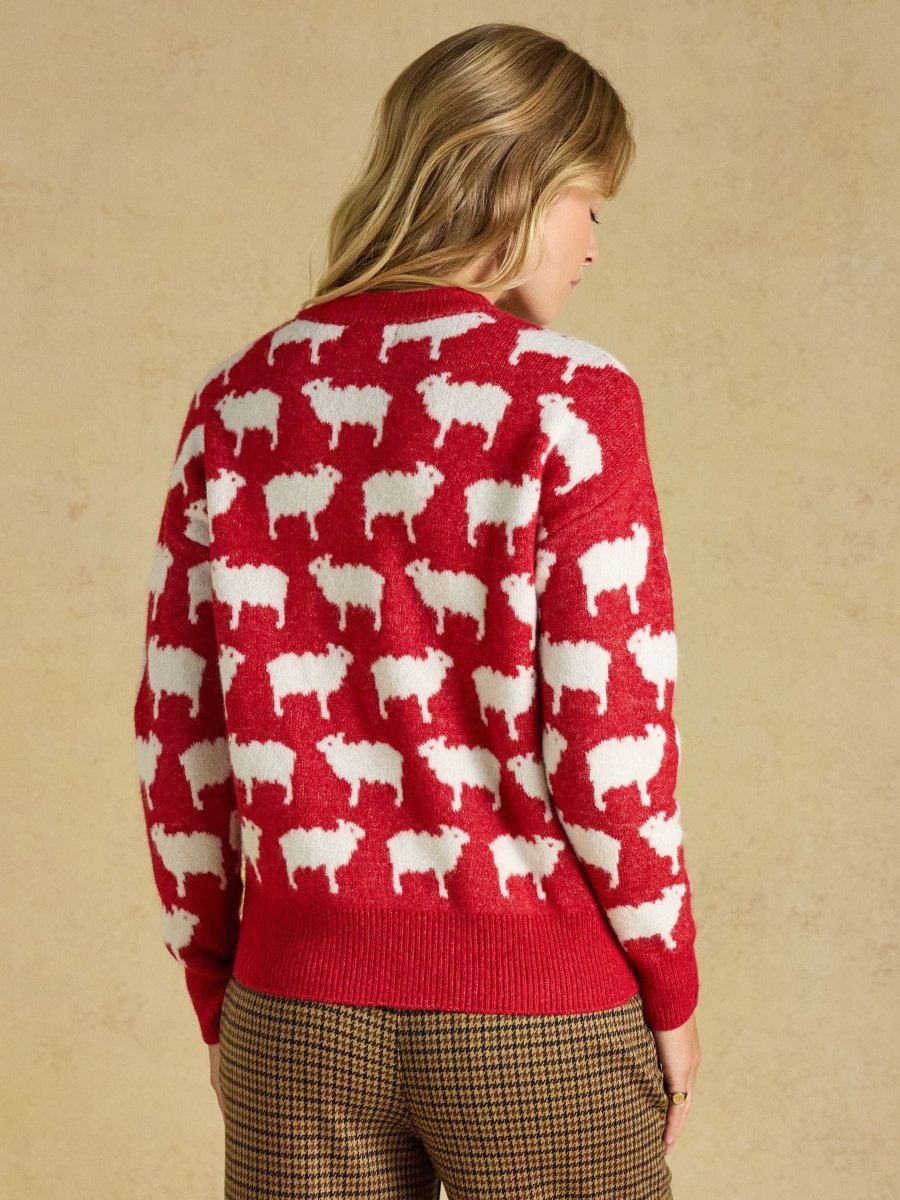 Fleece Navidad Knit Sheep Icon Crew Neck Knitted Jumper - Wine - RUTHERFORD & Co