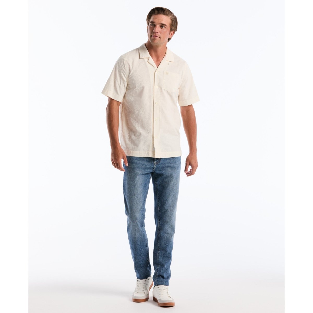 Floral Embroidered Short Sleeve Shirt In Birch - RUTHERFORD & Co