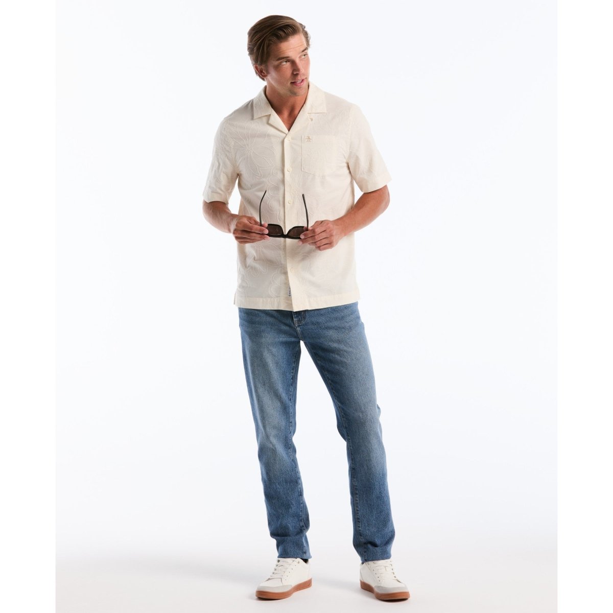 Floral Embroidered Short Sleeve Shirt In Birch - RUTHERFORD & Co