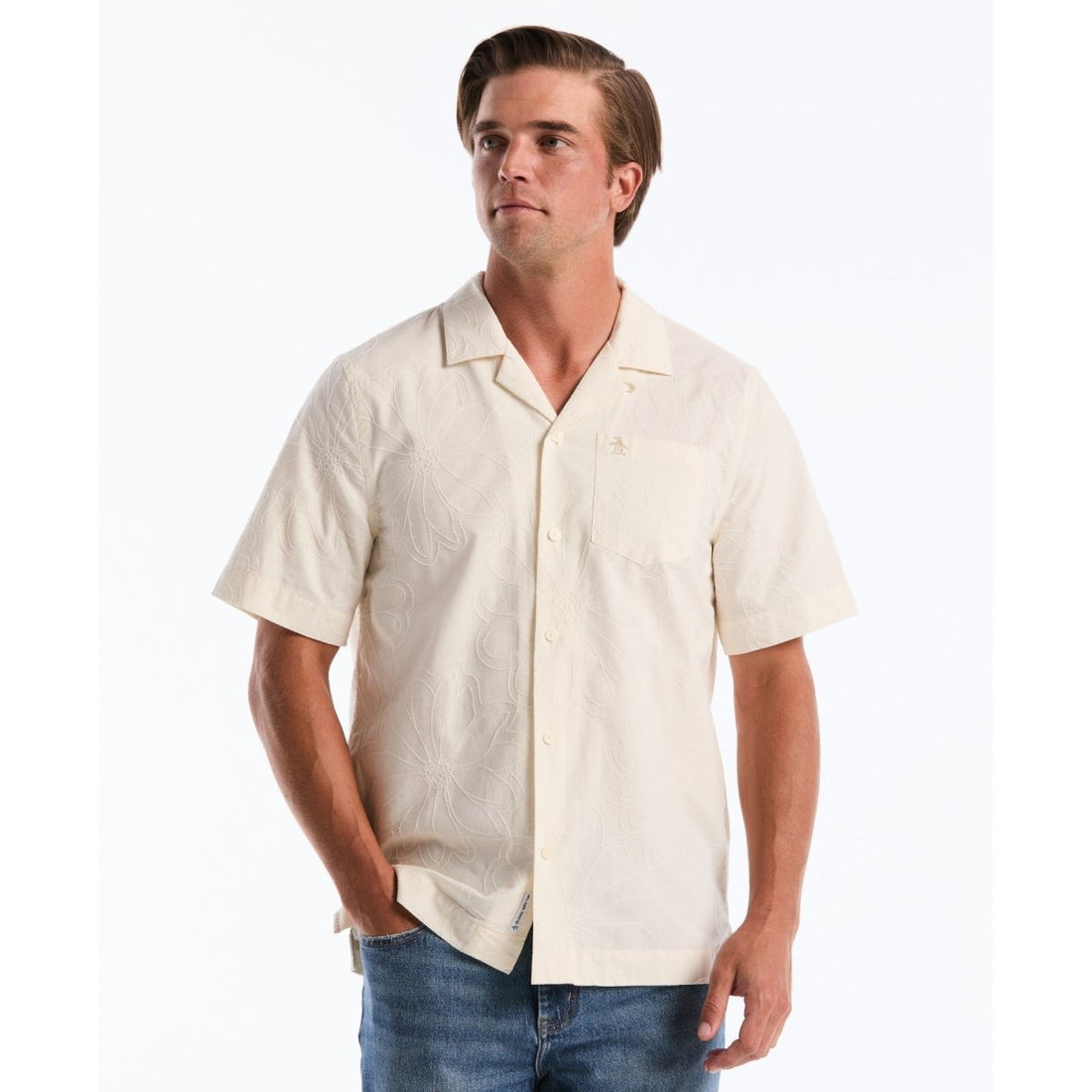 Floral Embroidered Short Sleeve Shirt In Birch - RUTHERFORD & Co
