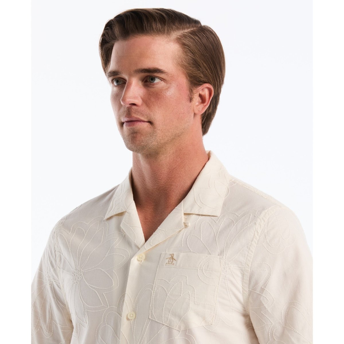 Floral Embroidered Short Sleeve Shirt In Birch - RUTHERFORD & Co