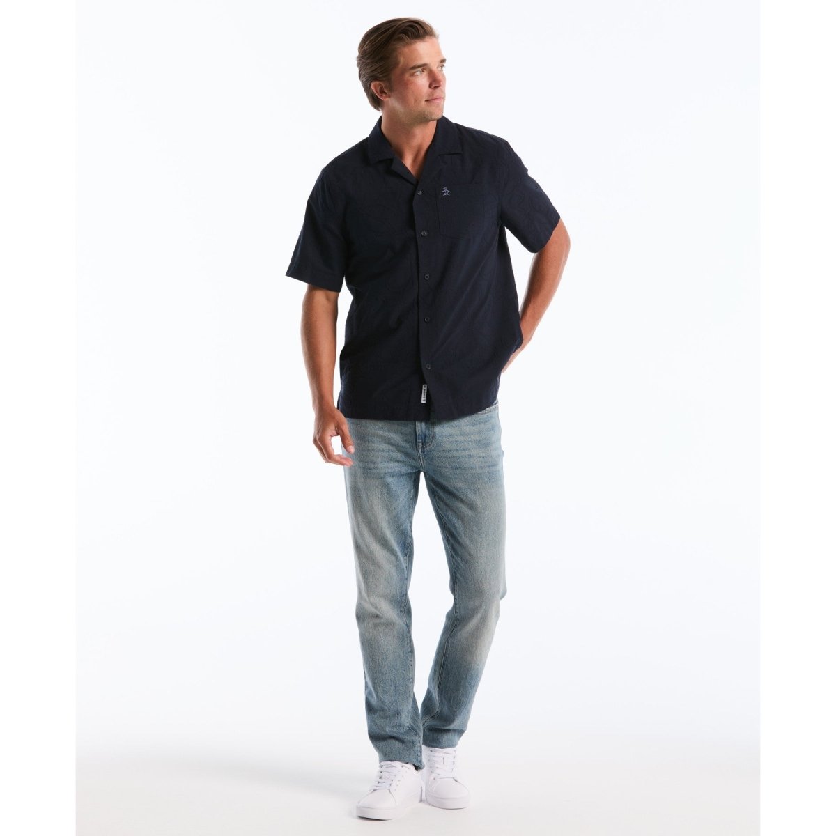 Floral Embroidered Short Sleeve Shirt In Dark Sapphire - RUTHERFORD & Co