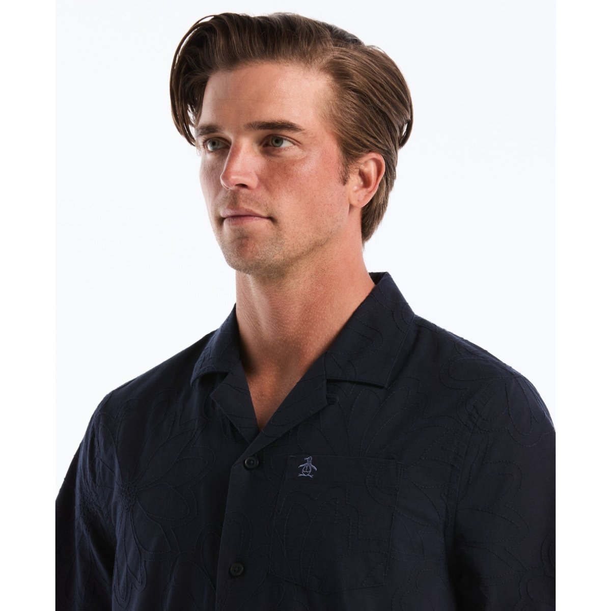 Floral Embroidered Short Sleeve Shirt In Dark Sapphire - RUTHERFORD & Co
