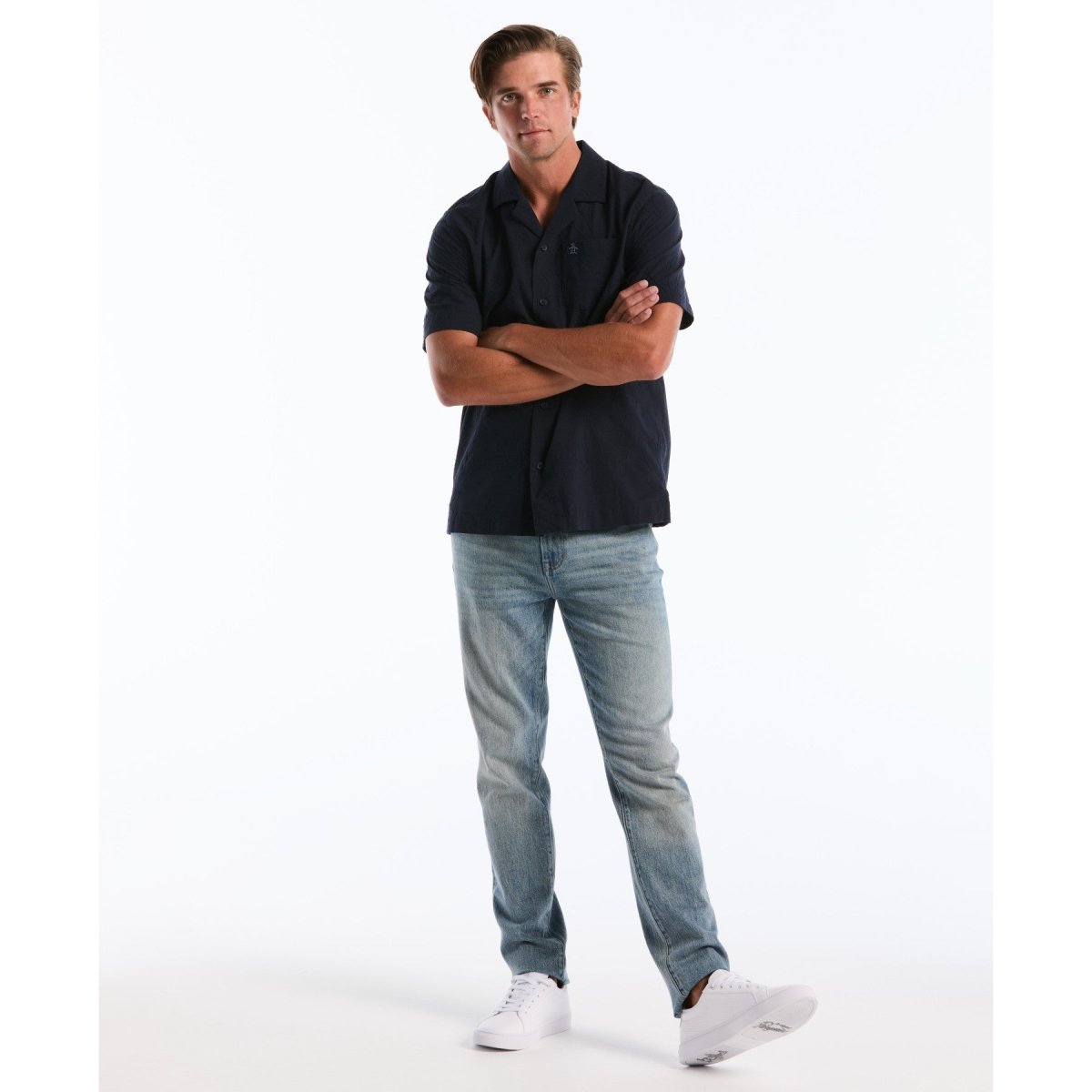 Floral Embroidered Short Sleeve Shirt In Dark Sapphire - RUTHERFORD & Co
