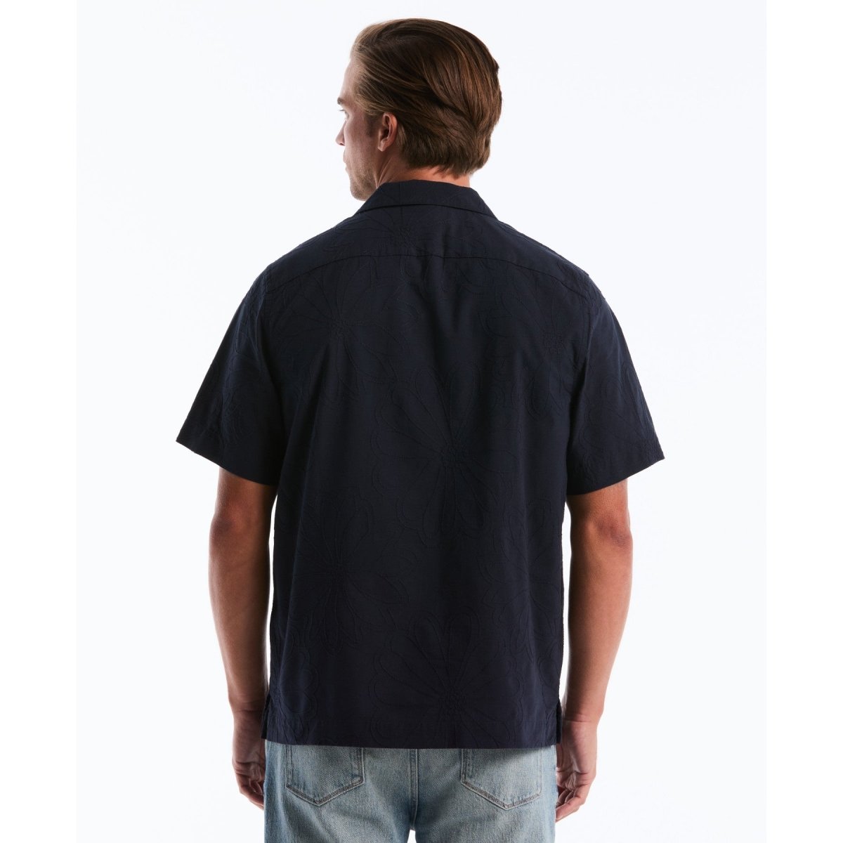 Floral Embroidered Short Sleeve Shirt In Dark Sapphire - RUTHERFORD & Co