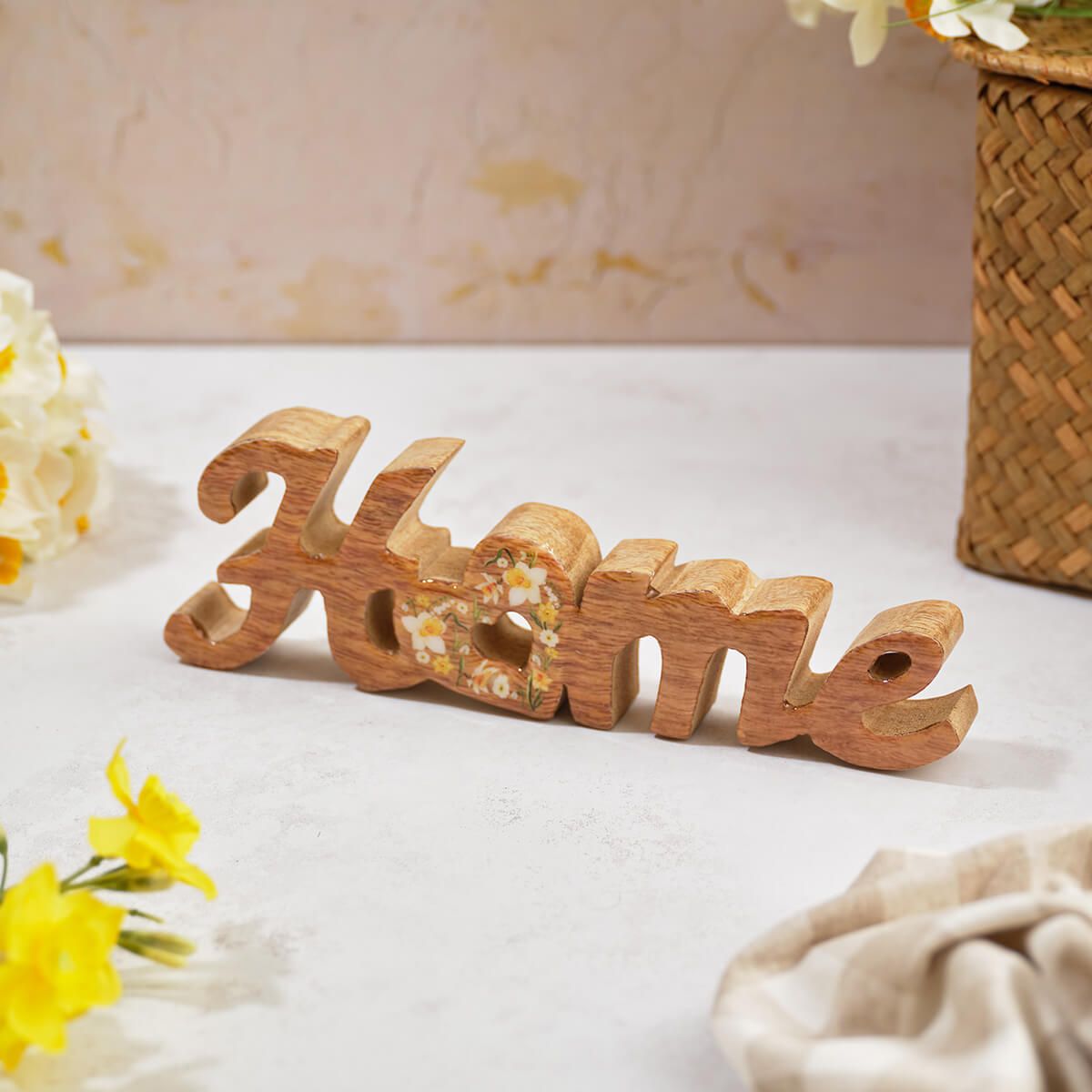 Floral Serenade Mango Wood Home Word Heart Block Daffodil Design - RUTHERFORD & Co