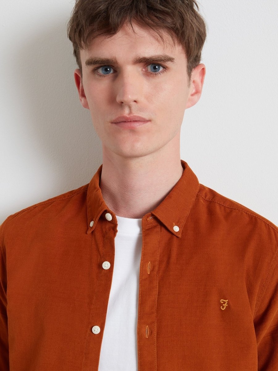 Fontella Slim Fit Corduroy Shirt In Burnt Ochre - RUTHERFORD & Co