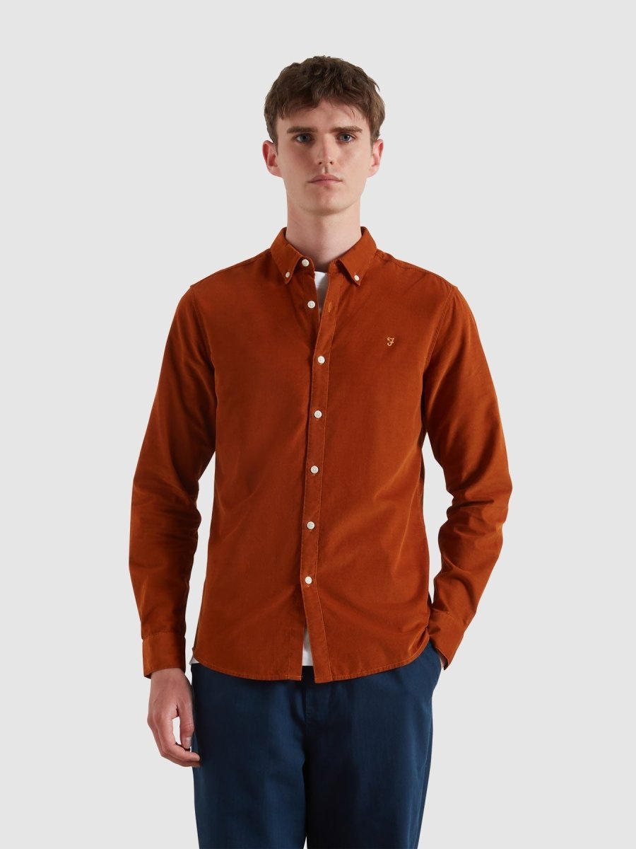 Fontella Slim Fit Corduroy Shirt In Burnt Ochre - RUTHERFORD & Co