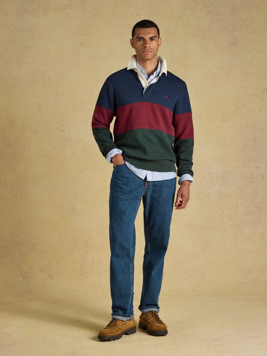 French Rib Long Sleeve Rugby Sweatshirt - Green & Navy - RUTHERFORD & Co