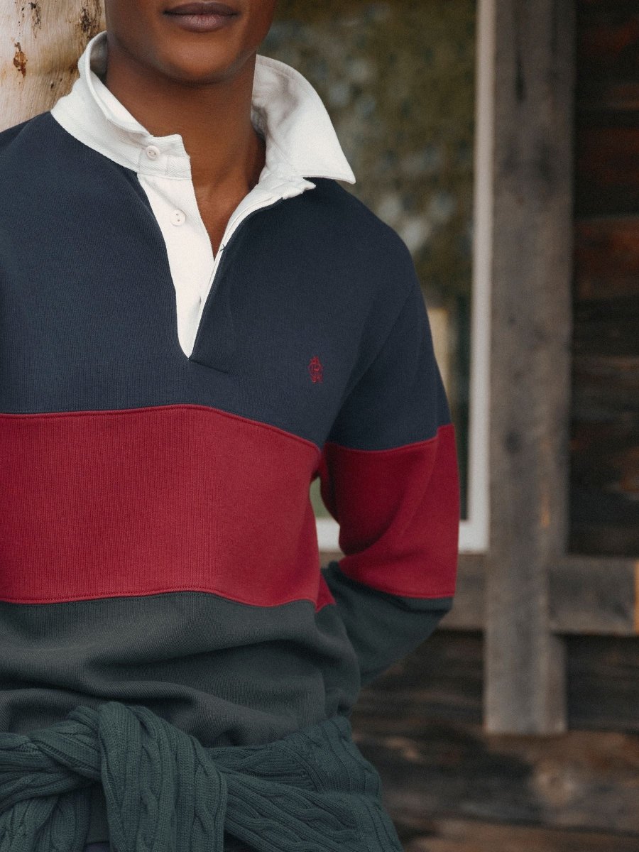 French Rib Long Sleeve Rugby Sweatshirt - Green & Navy - RUTHERFORD & Co