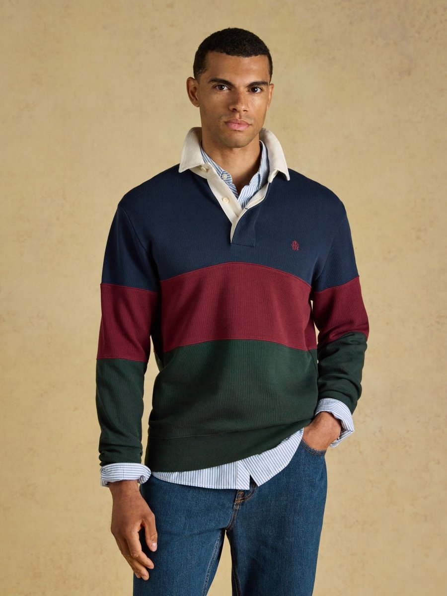 French Rib Long Sleeve Rugby Sweatshirt - Green & Navy - RUTHERFORD & Co