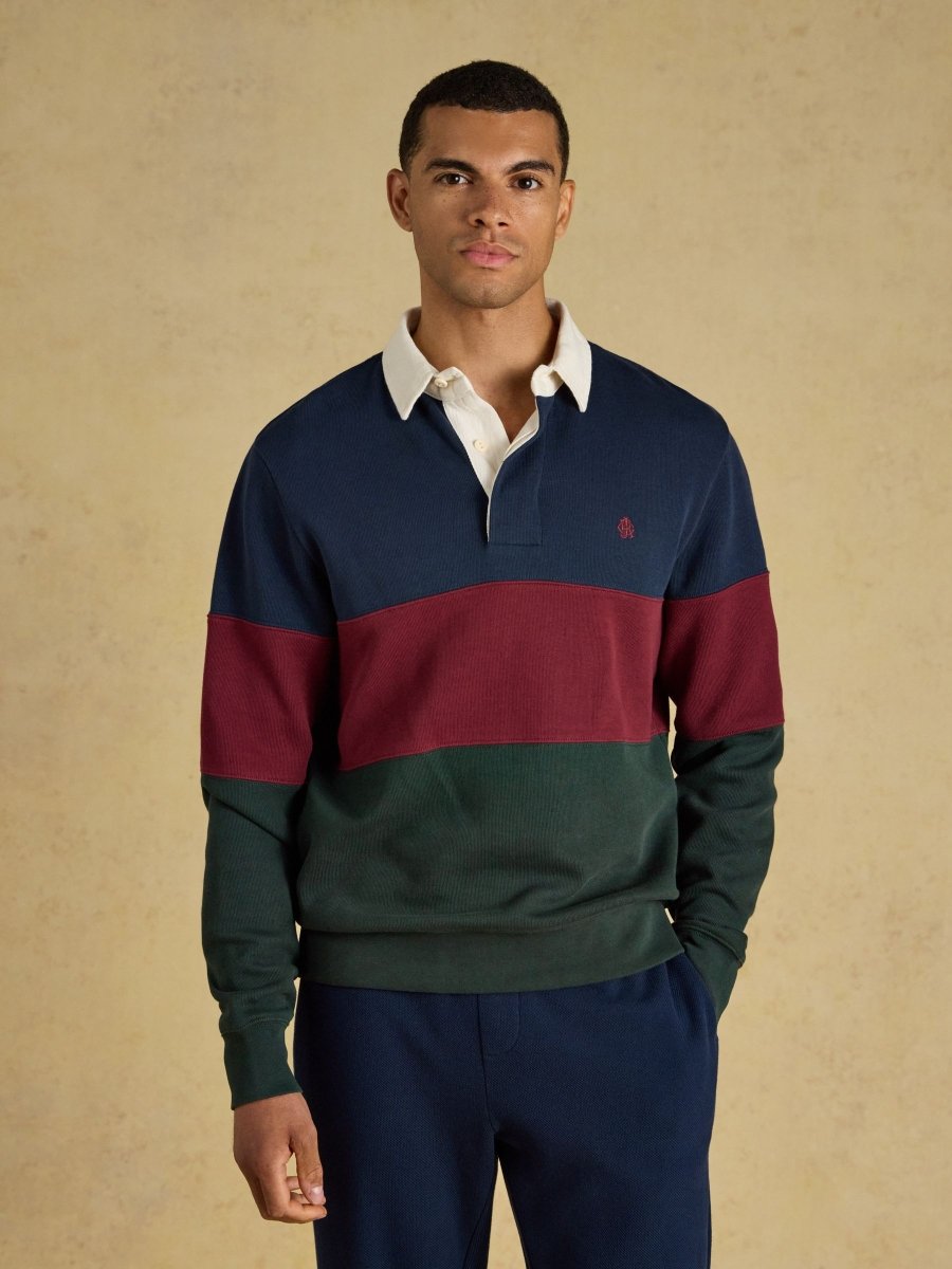 French Rib Long Sleeve Rugby Sweatshirt - Green & Navy - RUTHERFORD & Co