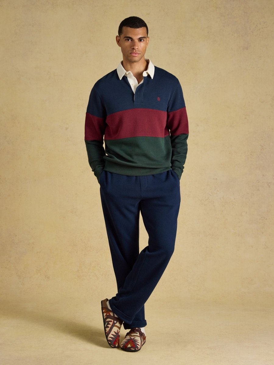 French Rib Long Sleeve Rugby Sweatshirt - Green & Navy - RUTHERFORD & Co