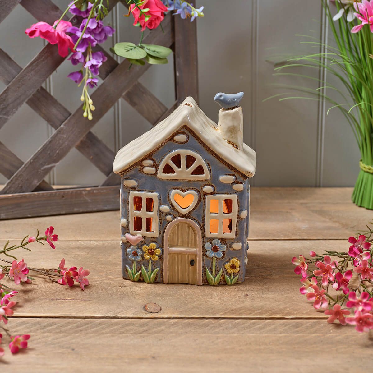 Garden Birds Stoneware Cornflower Blue House Candle Holder - RUTHERFORD & Co