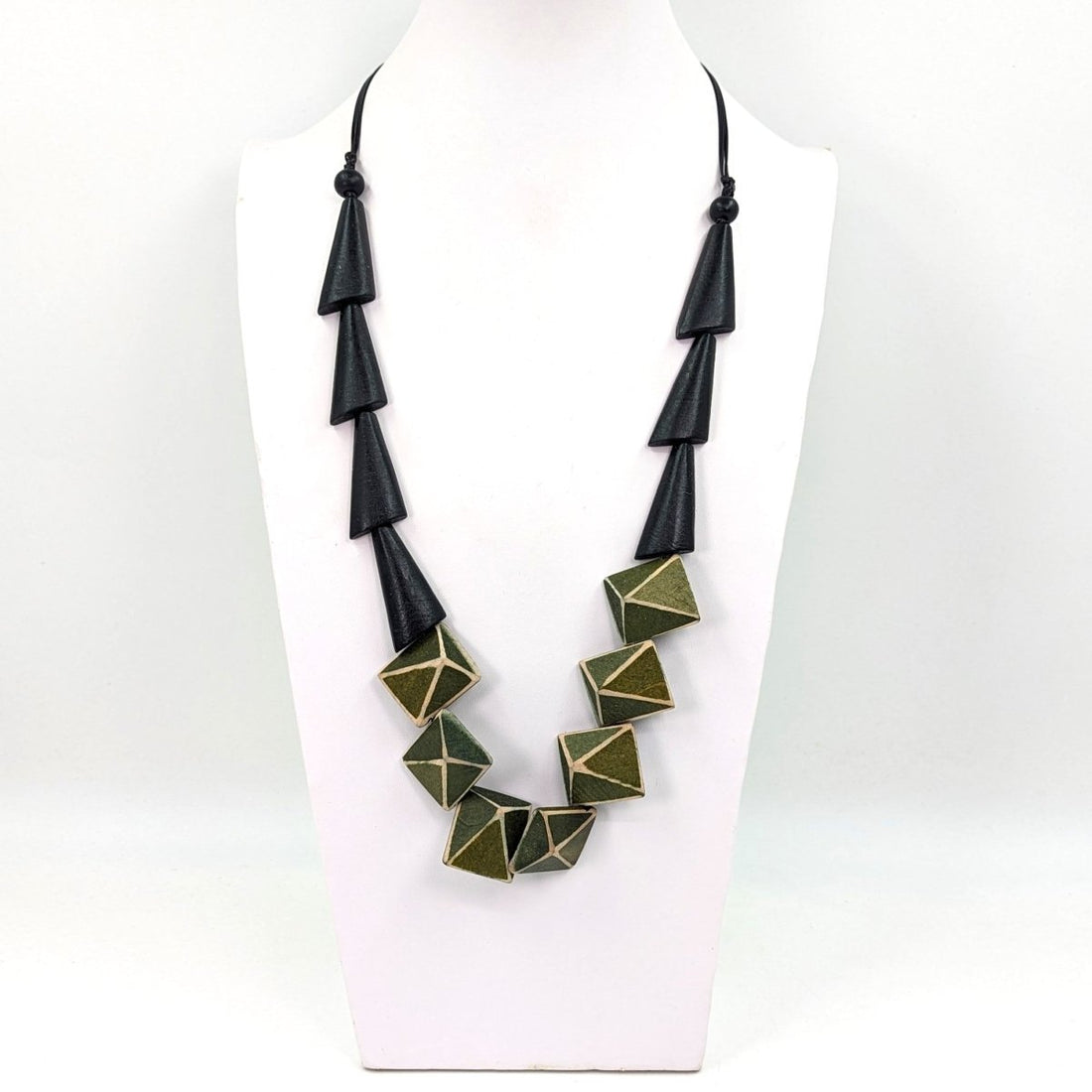 Geometric wood shape contemporary beaded necklace - RUTHERFORD & Co