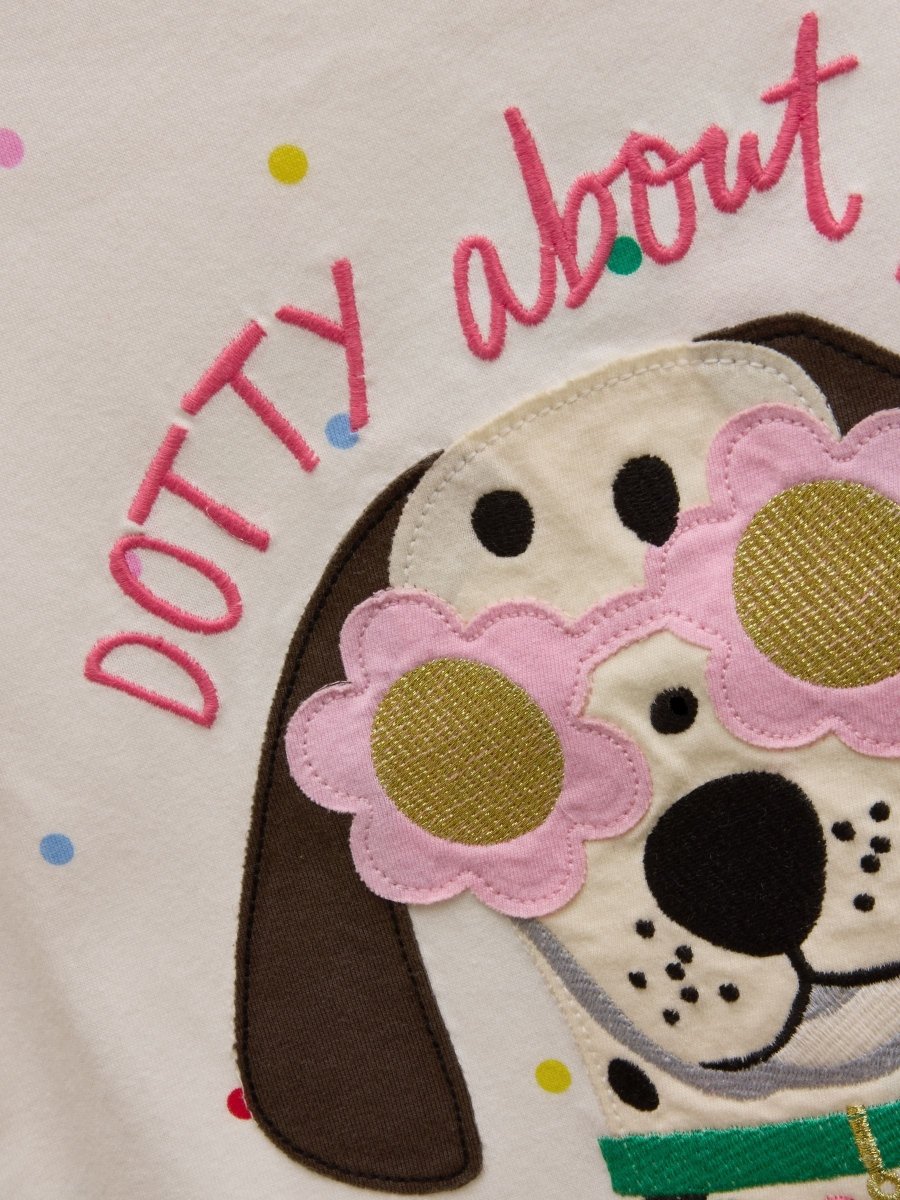 Girls' Astra White Dog Applique Cotton T-Shirt - RUTHERFORD & Co
