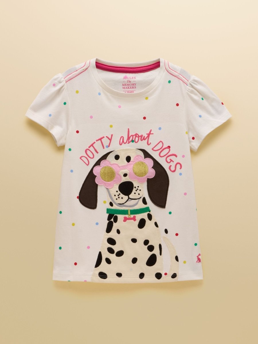 Girls' Astra White Dog Applique Cotton T-Shirt - RUTHERFORD & Co