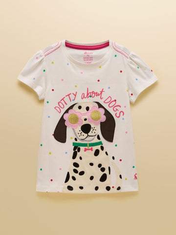 Girls' Astra White Dog Applique Cotton T-Shirt - RUTHERFORD & Co