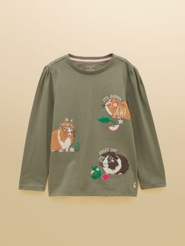 Girls' Ava Khaki Green Applique Long Sleeve Top - RUTHERFORD & Co