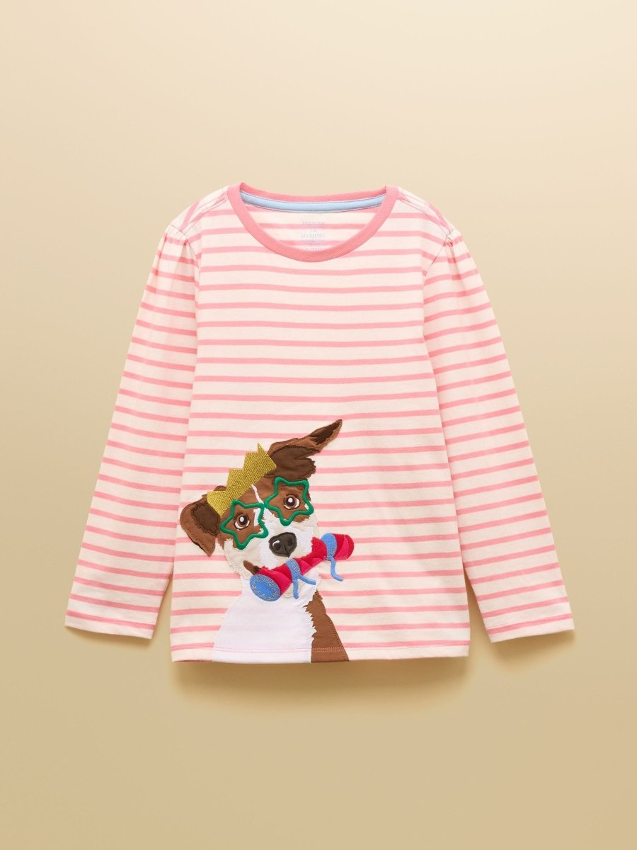 Girls' Ava Pink Stripe Dog Applique Long Sleeve Top - RUTHERFORD & Co
