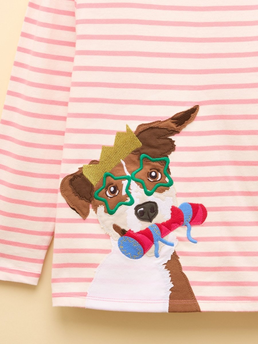 Girls' Ava Pink Stripe Dog Applique Long Sleeve Top - RUTHERFORD & Co
