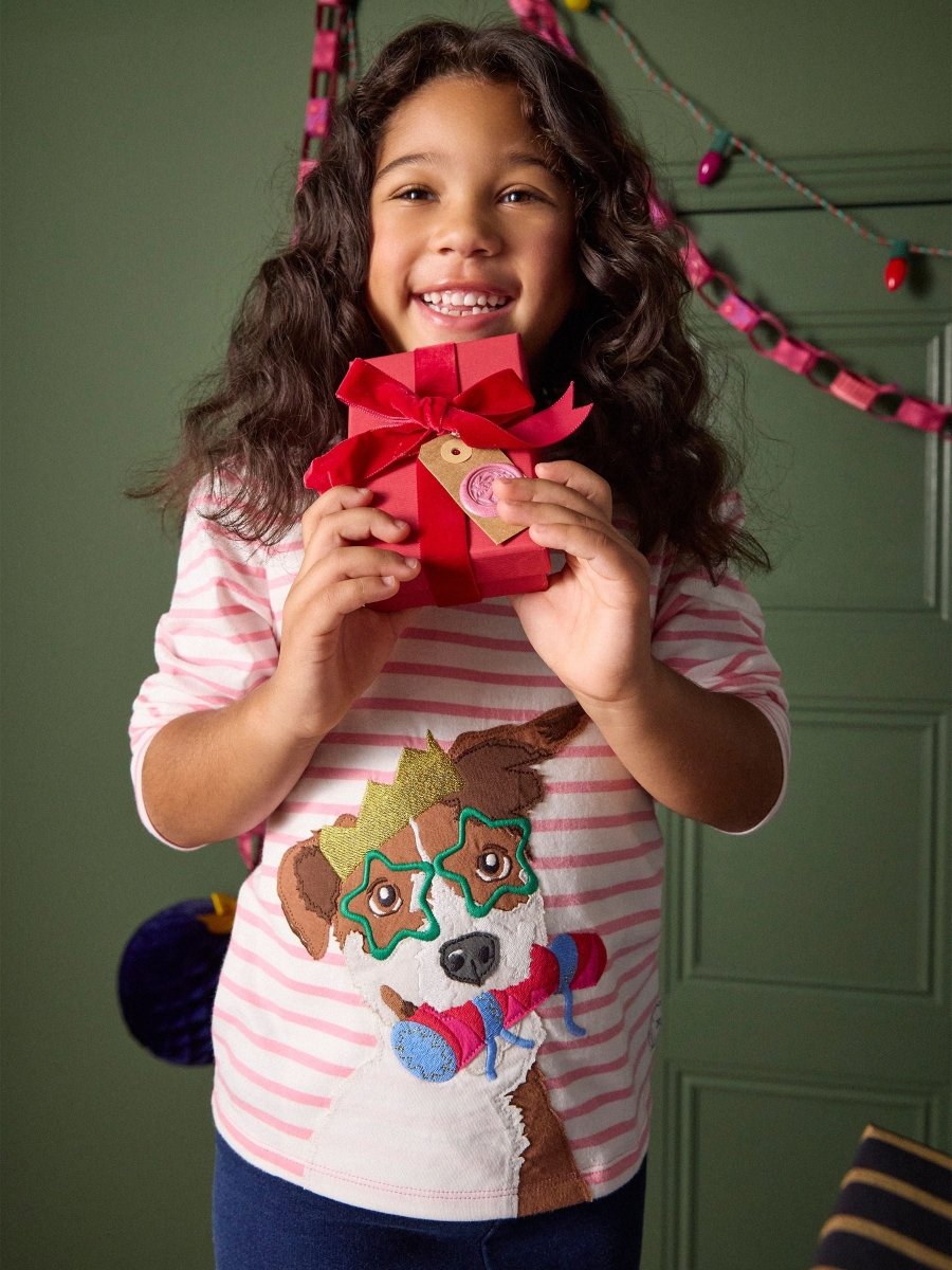 Girls' Ava Pink Stripe Dog Applique Long Sleeve Top - RUTHERFORD & Co
