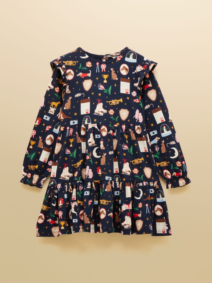 Girls' Evie Navy Long Sleeve Tiered Jersey Dress - RUTHERFORD & Co