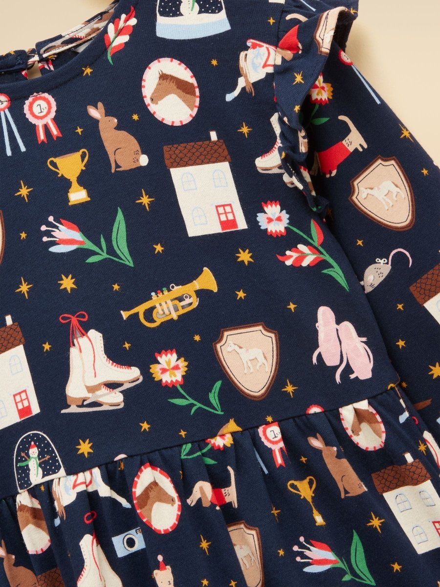 Girls' Evie Navy Long Sleeve Tiered Jersey Dress - RUTHERFORD & Co