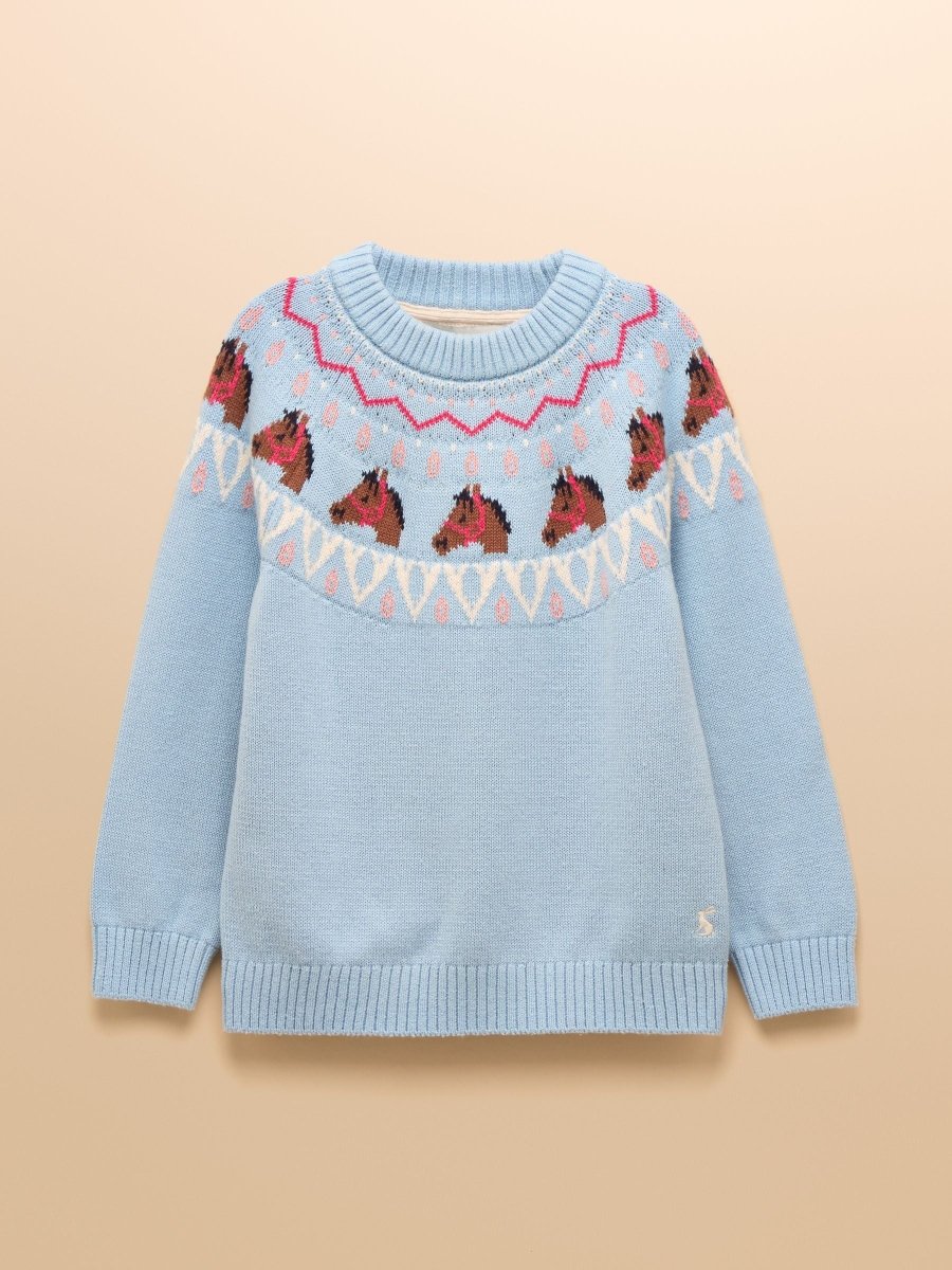 Girls' Fairisle Blue Horse Knitted Jumper - RUTHERFORD & Co