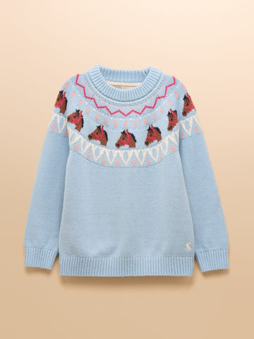 Girls' Fairisle Blue Horse Knitted Jumper - RUTHERFORD & Co